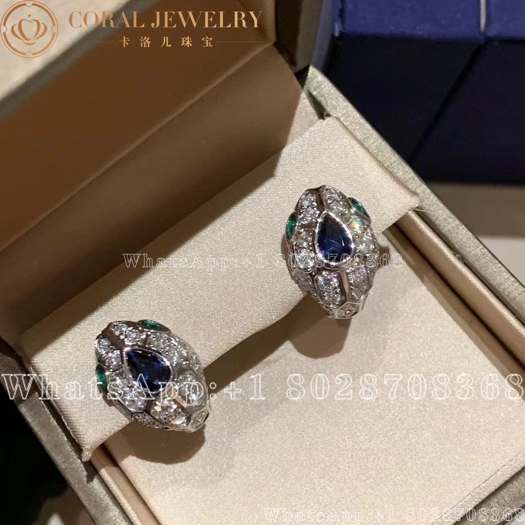 Bulgari Serpenti 18 Kt White Gold Earrings Set With A Blue Sapphire On The Head Emerald Eyes And Pave Diamonds Ref 355355 Coral (1)