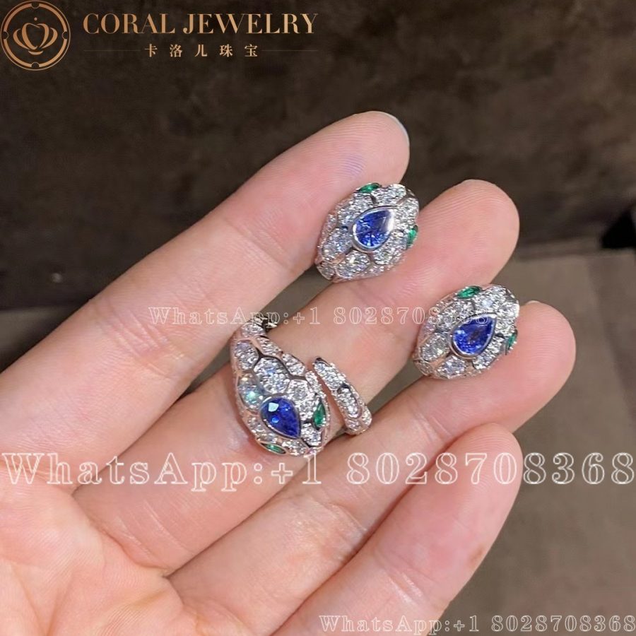 Bulgari Serpenti 18 Kt White Gold Earrings Set With A Blue Sapphire On The Head Emerald Eyes And Pave Diamonds Ref 355355 Coral (10)