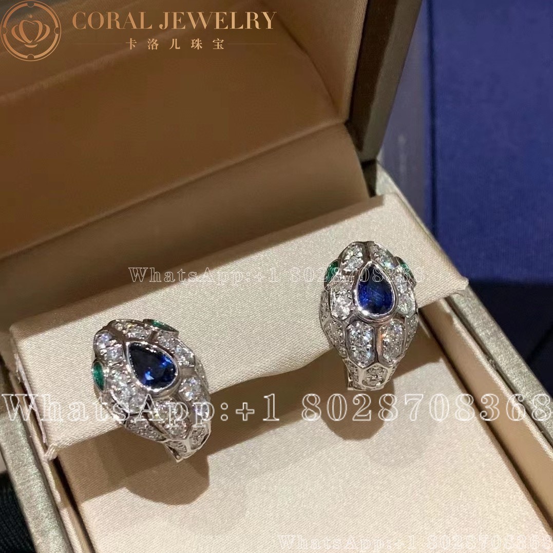 Bulgari Serpenti 18 Kt White Gold Earrings Set With A Blue Sapphire On The Head Emerald Eyes And Pave Diamonds Ref 355355 Coral (2)