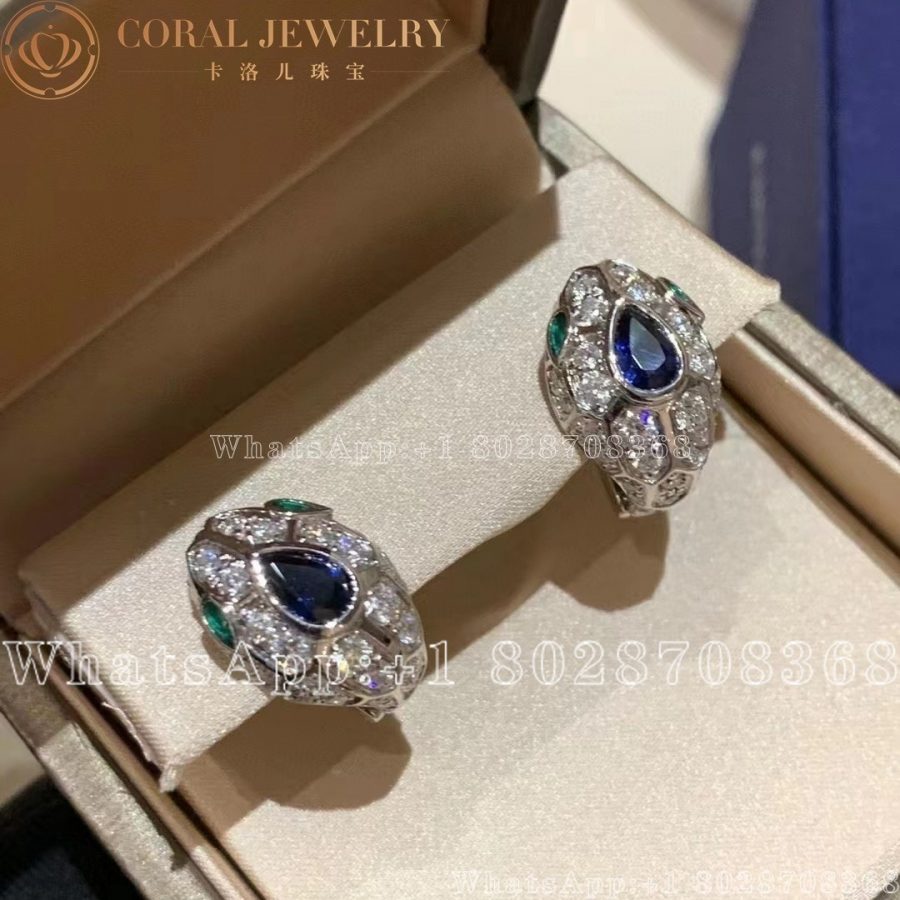 Bulgari Serpenti 18 Kt White Gold Earrings Set With A Blue Sapphire On The Head Emerald Eyes And Pave Diamonds Ref 355355 Coral (3)