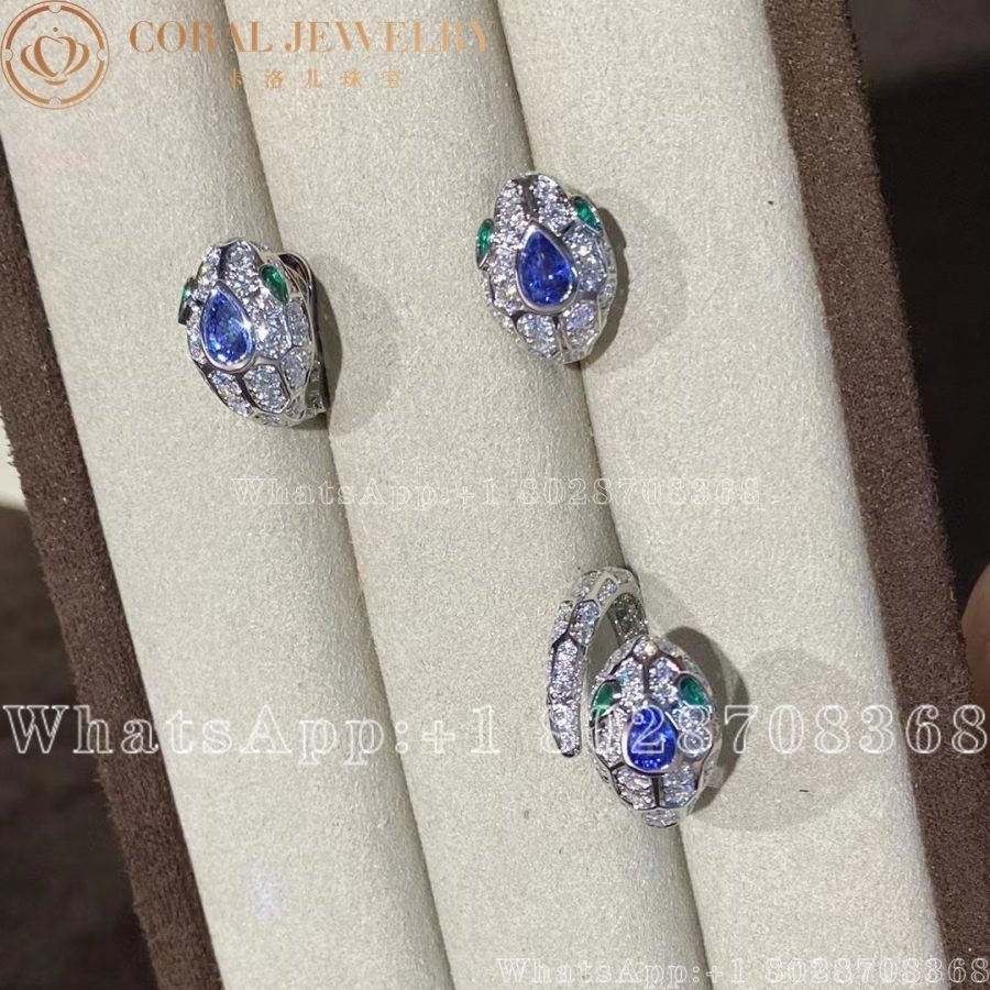 Bulgari Serpenti 18 Kt White Gold Earrings Set With A Blue Sapphire On The Head Emerald Eyes And Pave Diamonds Ref 355355 Coral (4)