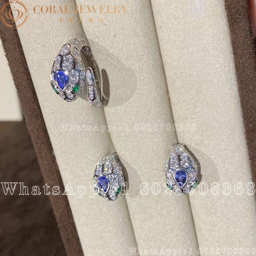 Bulgari Serpenti 18 Kt White Gold Earrings Set With A Blue Sapphire On The Head Emerald Eyes And Pave Diamonds Ref 355355 Coral (5)