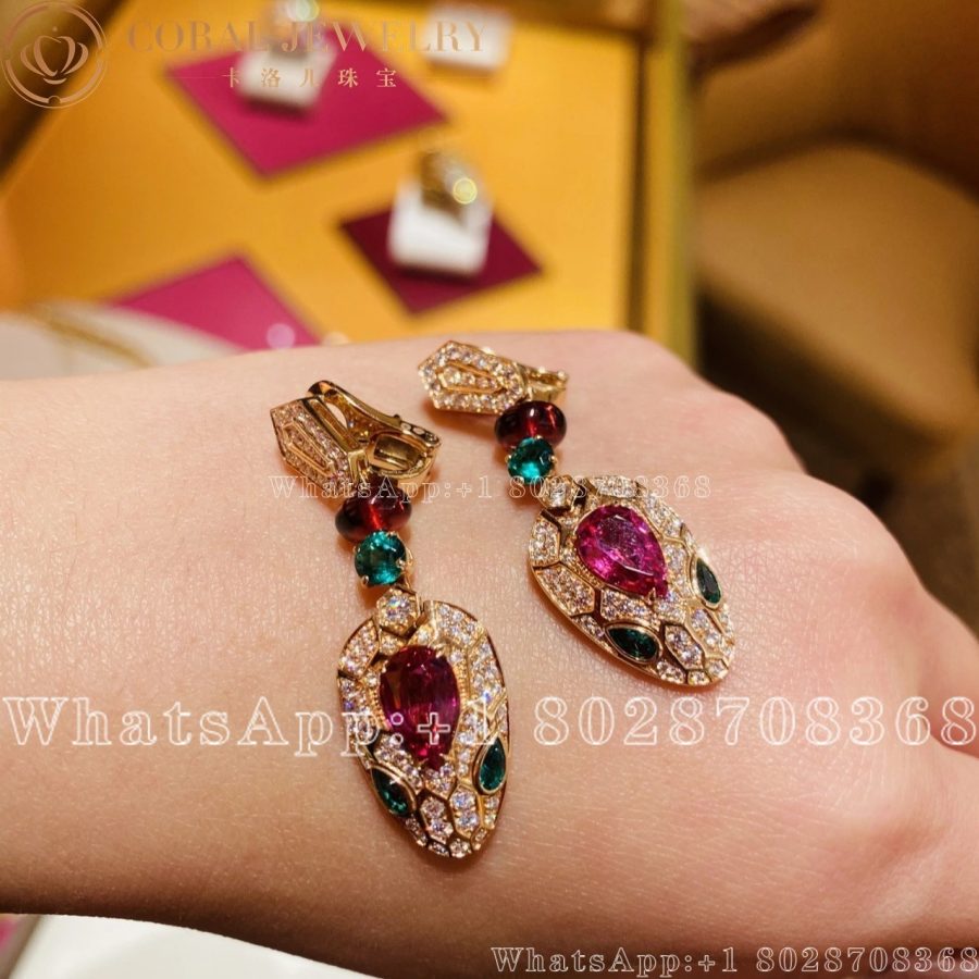 Bulgari Serpenti Earrings In Rose Gold With Rubies Diamonds And Emeralds Coral (4)