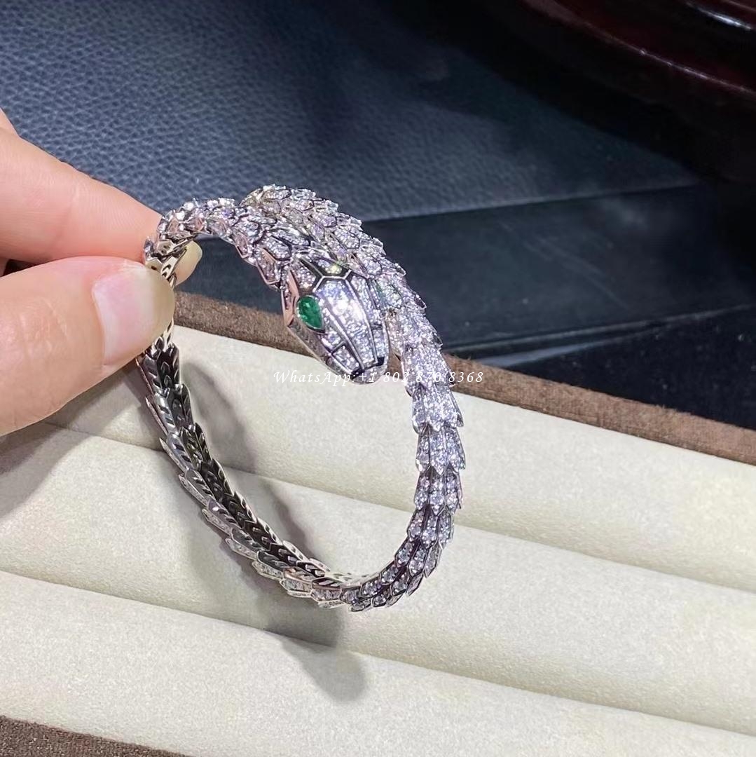 Bulgari Serpenti Diamond Snake Bangle Bracelet with Emerald Eyes in 18kw Gold