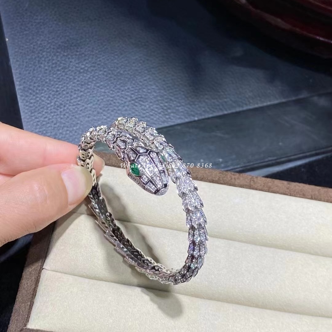 Bulgari Serpenti Diamond Snake Bangle Bracelet with Emerald Eyes in 18kw Gold