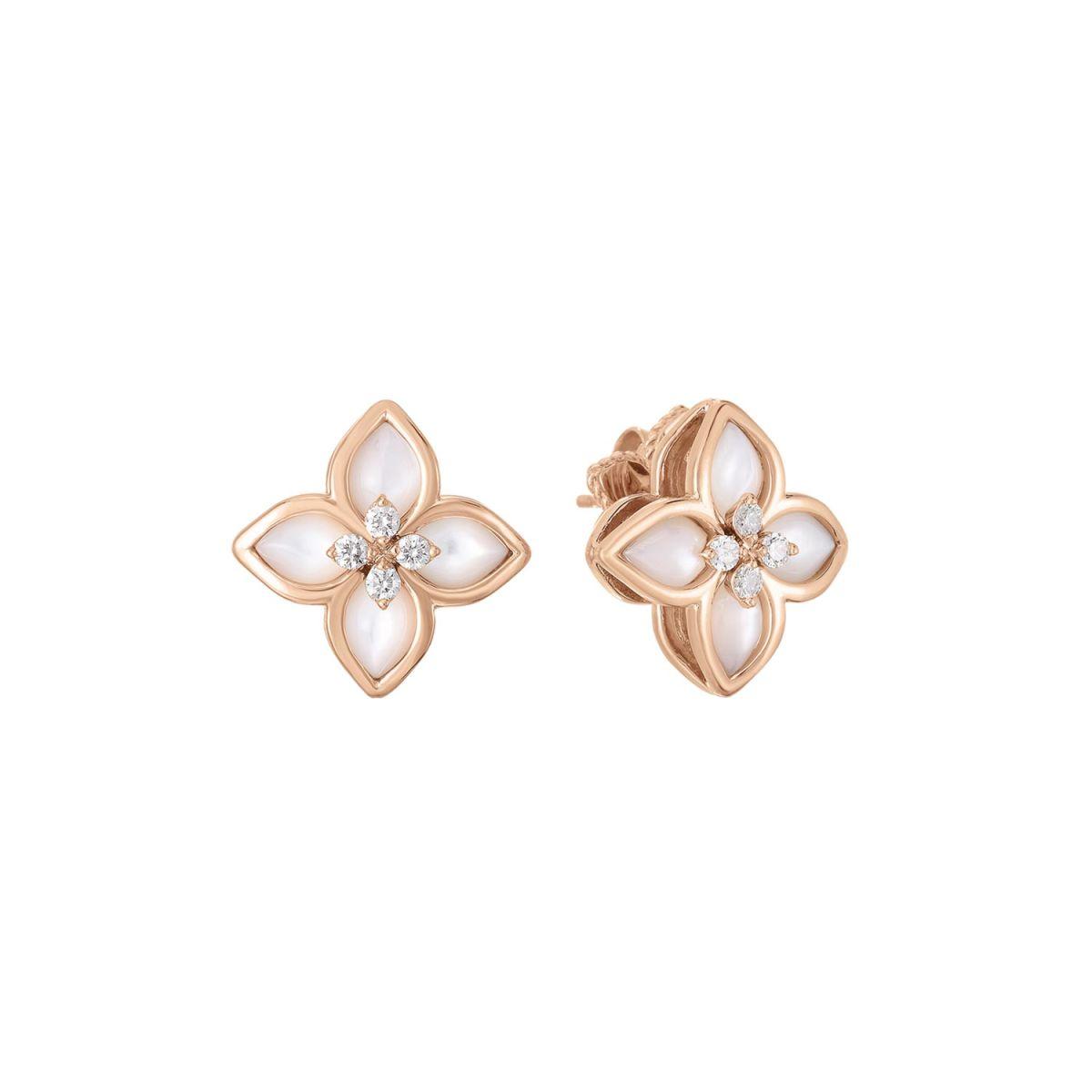 Roberto Coin Tiny Princess Rose Gold Earrings with Mother of Pearl and Diamonds