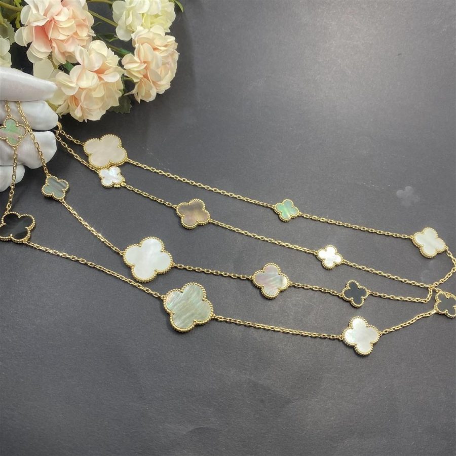 Van Cleef Arpels Magic Alhambra Long Necklace 16 Motifs Yellow Gold Mother Of Pearl Onyx Vcard79400 Coral (5)