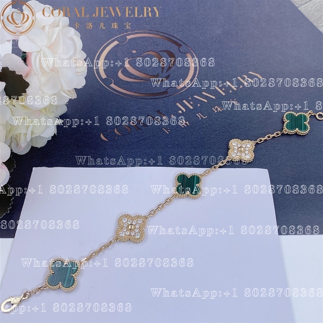 Van Cleef Arpels Vintage Alhambra Bracelet 5 Motifs Yellow Gold Diamond Malachite Vcaro7gq00coral (1)