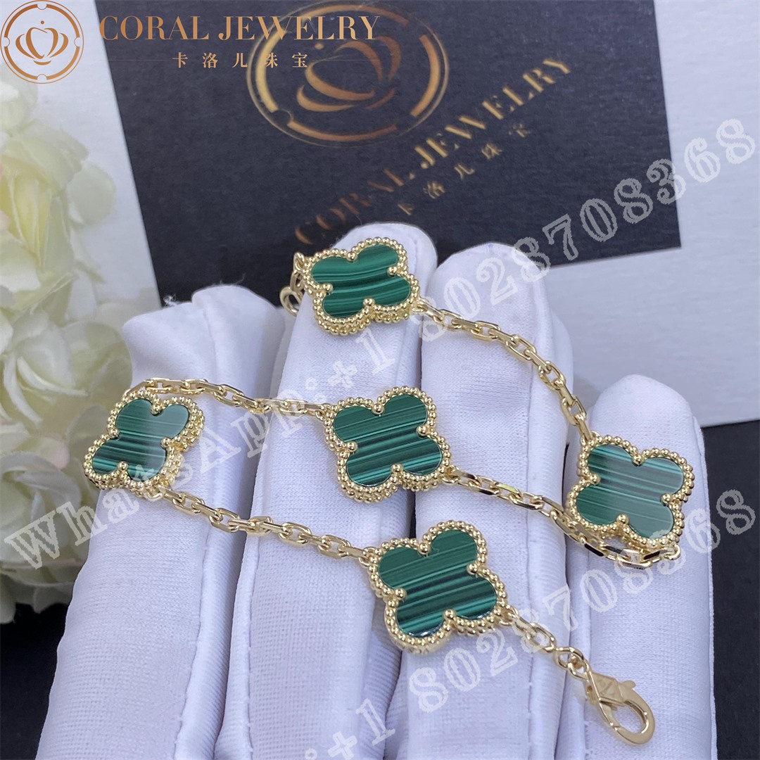 Van Cleef Arpels Vintage Alhambra Bracelet 5 Motifs Yellow Gold Malachite Vcarl80900 Coral (2)