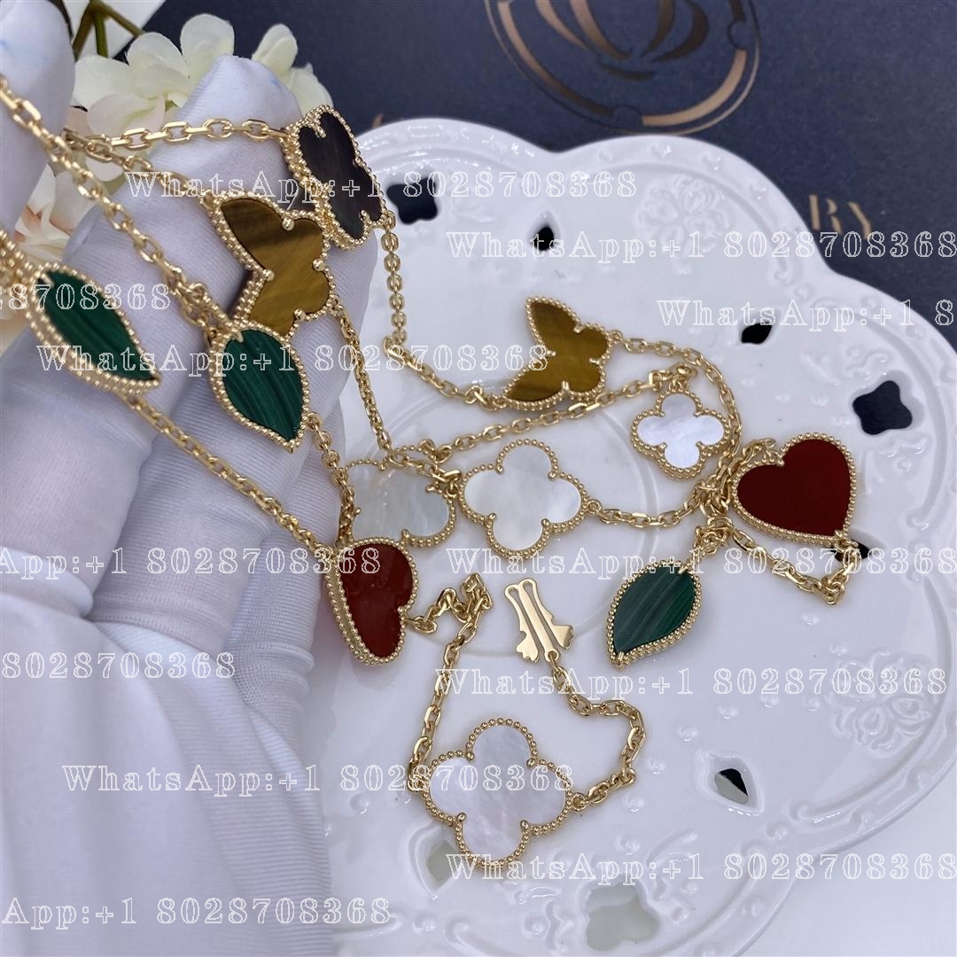 Van Cleef & Arpels Lucky Alhambra long necklace, 12 motifs Yellow gold, Carnelian, Malachite, Mother-of-pearl, Tiger Eye VCARD80100