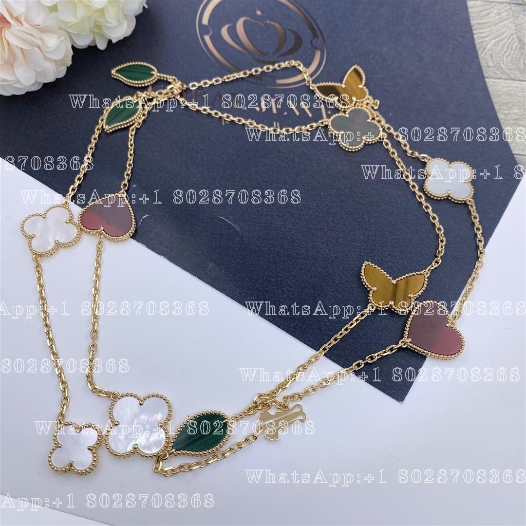 Van Cleef & Arpels Lucky Alhambra long necklace, 12 motifs Yellow gold, Carnelian, Malachite, Mother-of-pearl, Tiger Eye VCARD80100