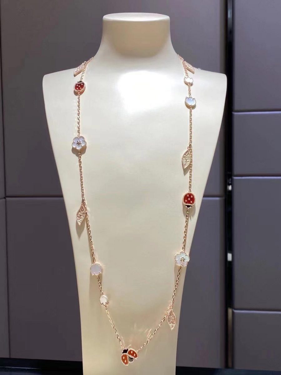 Van Cleef & Arpels Lucky Spring long necklace, 15 motifs Rose gold, Carnelian, Mother-of-pearl, Onyx VCARP7RT00