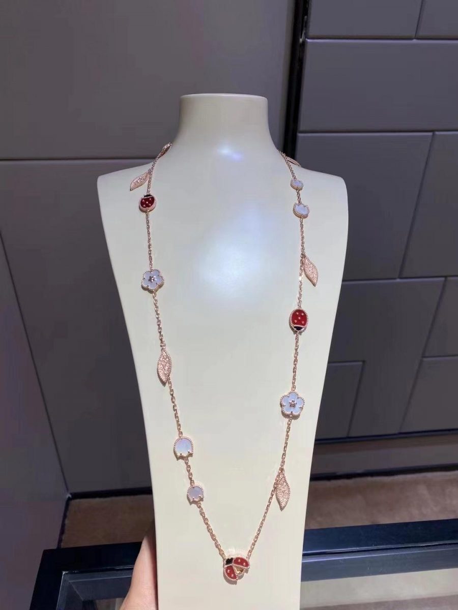 Van Cleef Arpels Lucky Spring Long Necklace 15 Motifs Rose Gold Carnelian Mother Of Pearl Onyx Vcarp7rt00 Coral (4)