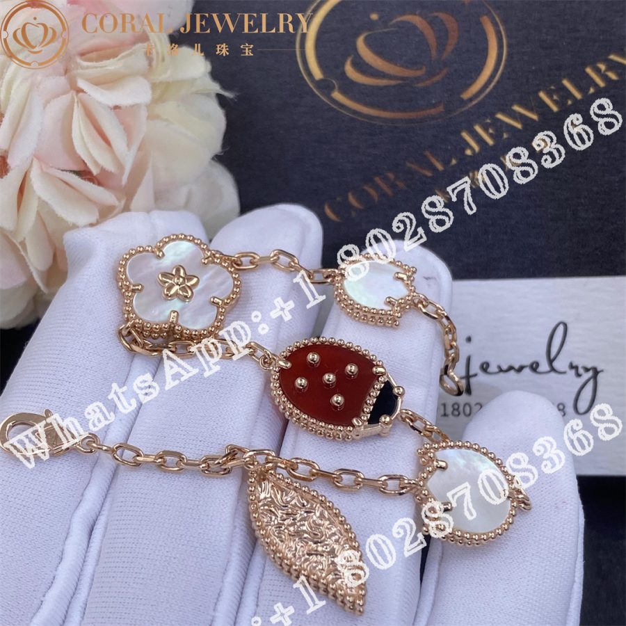 Van Cleef Arpels Lucky Spring Bracelet 5 Motifs Rose Gold Carnelian Mother Of Pearl Onyx Vcarp7rr00 Coral (7)