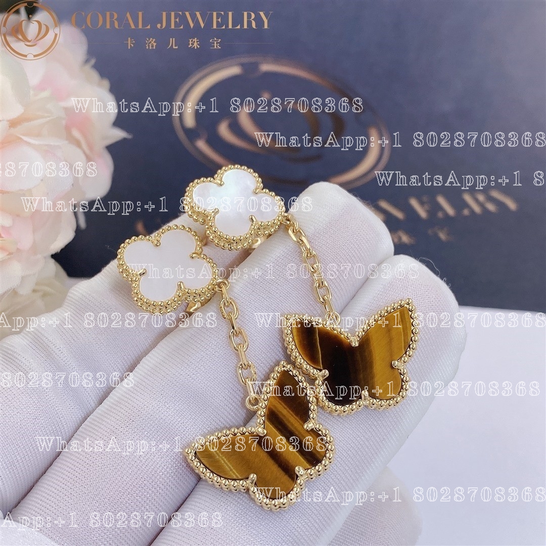 Van Cleef Arpels Lucky Alhambra Earrings 2 Motifs Yellow Gold Mother Of Pearl Tiger Eye Vcard79800 Coral (4)