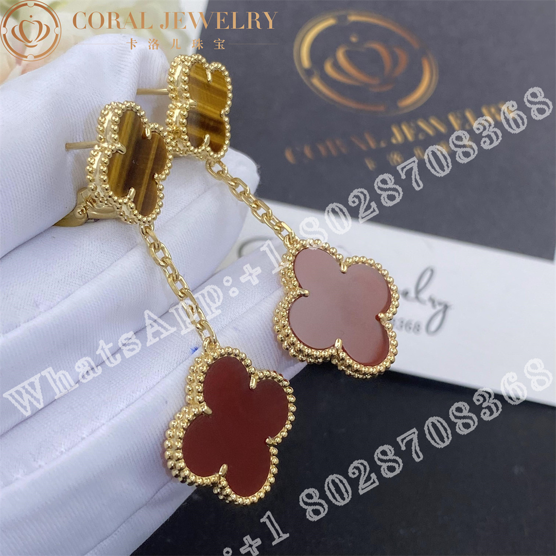 Van Cleef Arpels Magic Alhambra Earrings 2 Motifs Yellow Gold Carnelian Tiger Eye Vcarn5jr00 Coral (2)