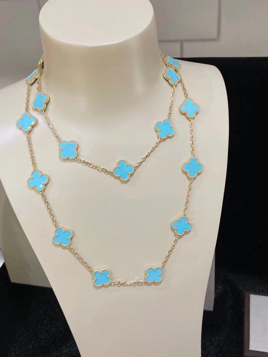 Van Cleef & Arpels Vintage Alhambra long necklace, 20 motifs Yellow gold, Turquoise