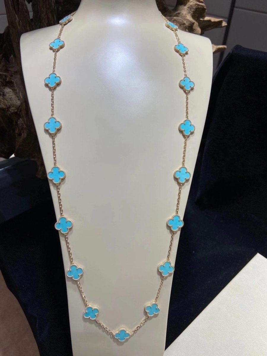 Van Cleef & Arpels Vintage Alhambra long necklace, 20 motifs Yellow gold, Turquoise