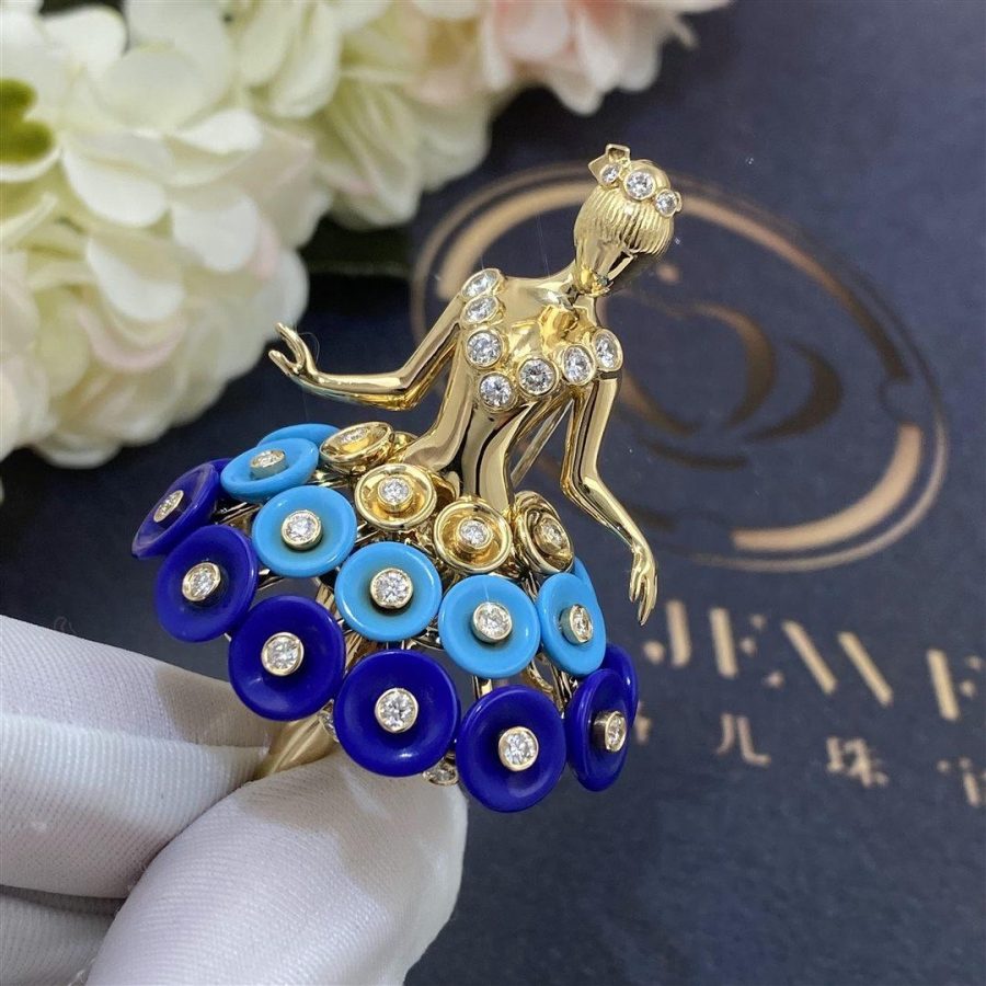 Van Cleef & Arpels Bouton d'or ballerina clip Yellow gold, Diamond, Lapis Lazuli, Turquoise VCARP7R300