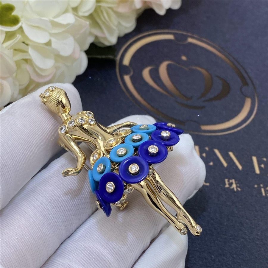 Van Cleef & Arpels Bouton d'or ballerina clip Yellow gold, Diamond, Lapis Lazuli, Turquoise VCARP7R300