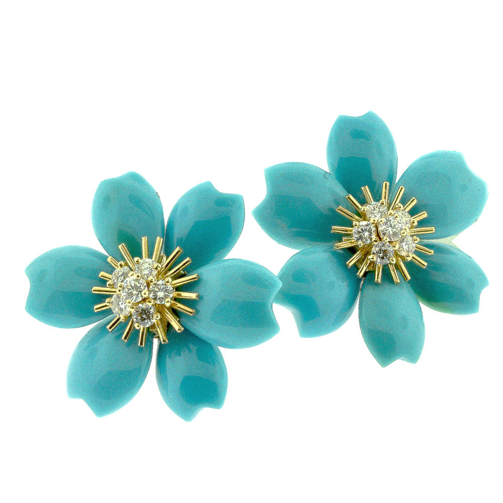 Van Cleef Arpels Rose De Noel Earrings Small Model Yellow Gold Diamond Turquoise