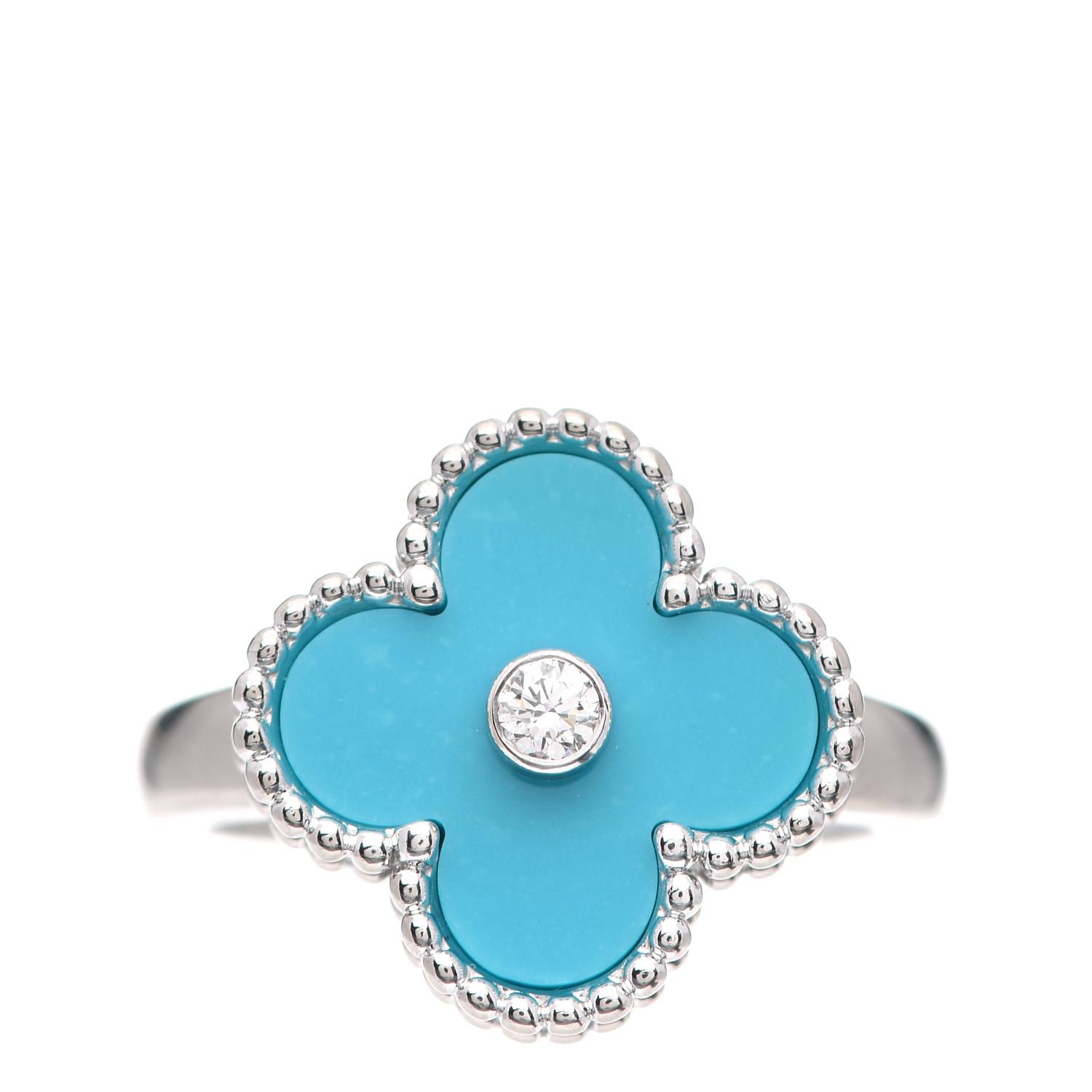 Van Cleef & Arpels Vintage Alhambra Ring 18k White Gold Turquoise and Diamond