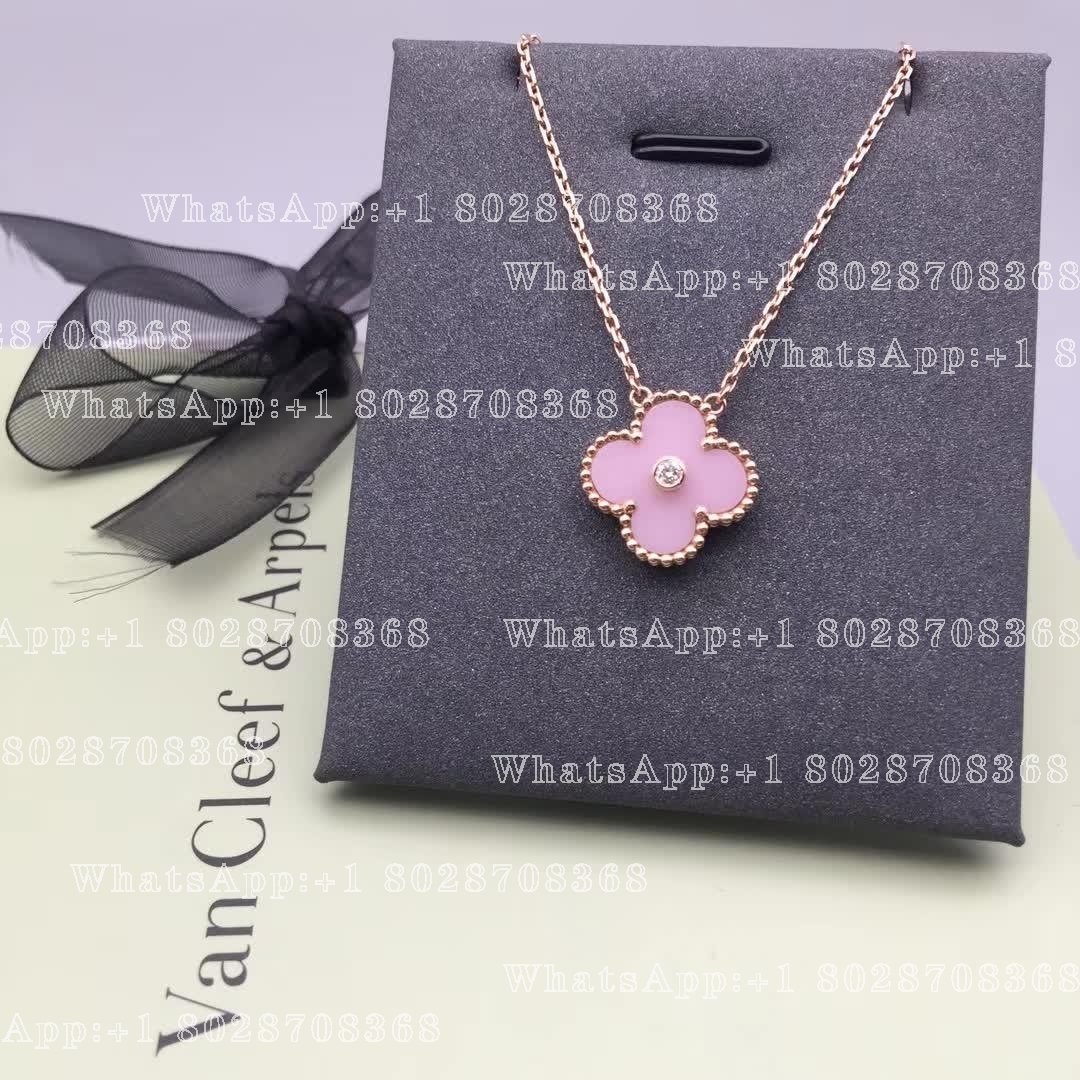 Van Cleef & Arpels Vintage Alhambra 2015 Holiday Necklace Rose Gold Pink Ceramic