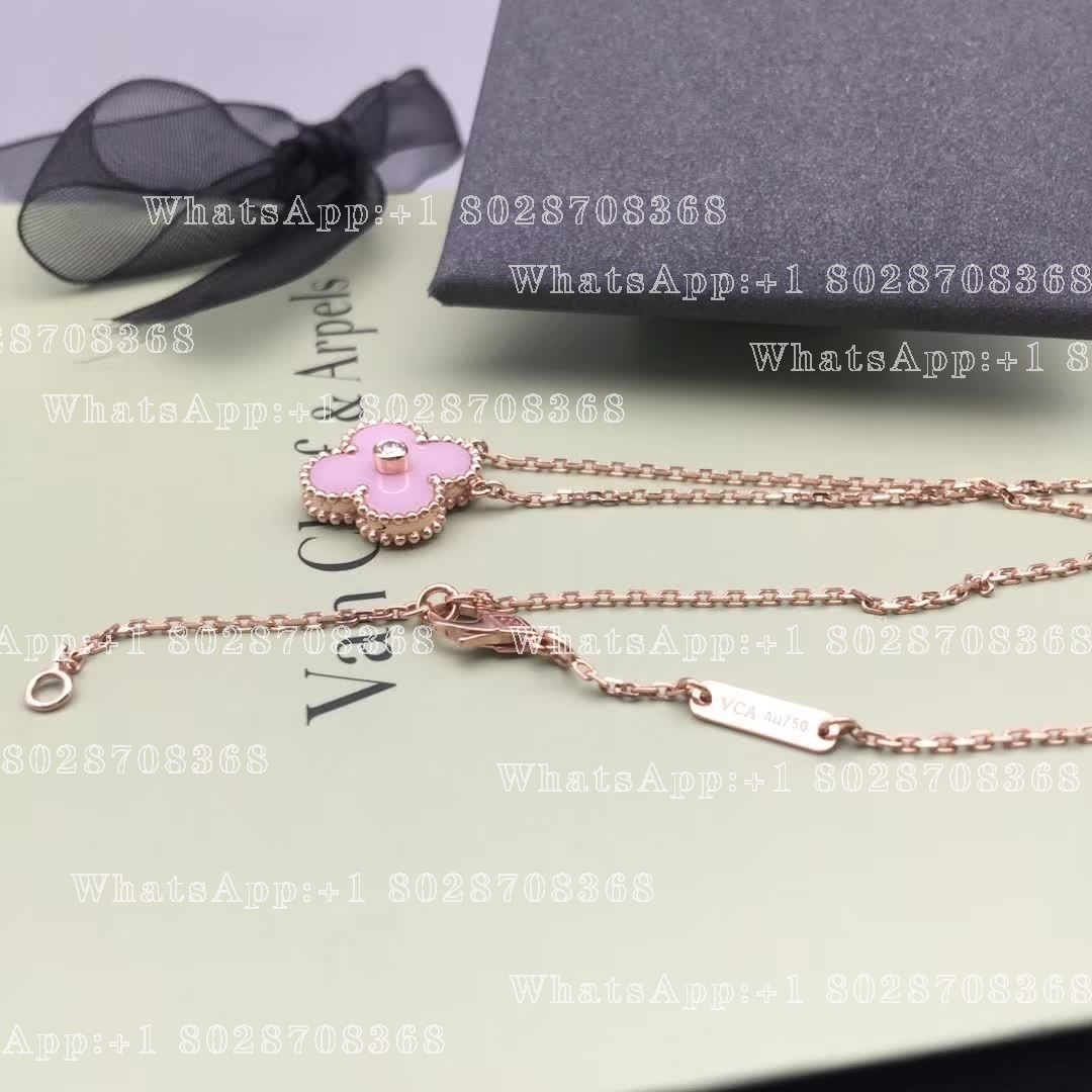 Van Cleef & Arpels Vintage Alhambra 2015 Holiday Necklace Rose Gold Pink Ceramic