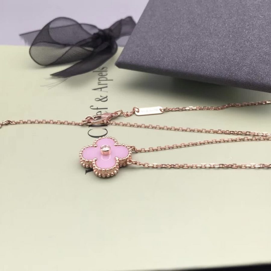 Van Cleef & Arpels Vintage Alhambra 2015 Holiday Necklace Rose Gold Pink Ceramic