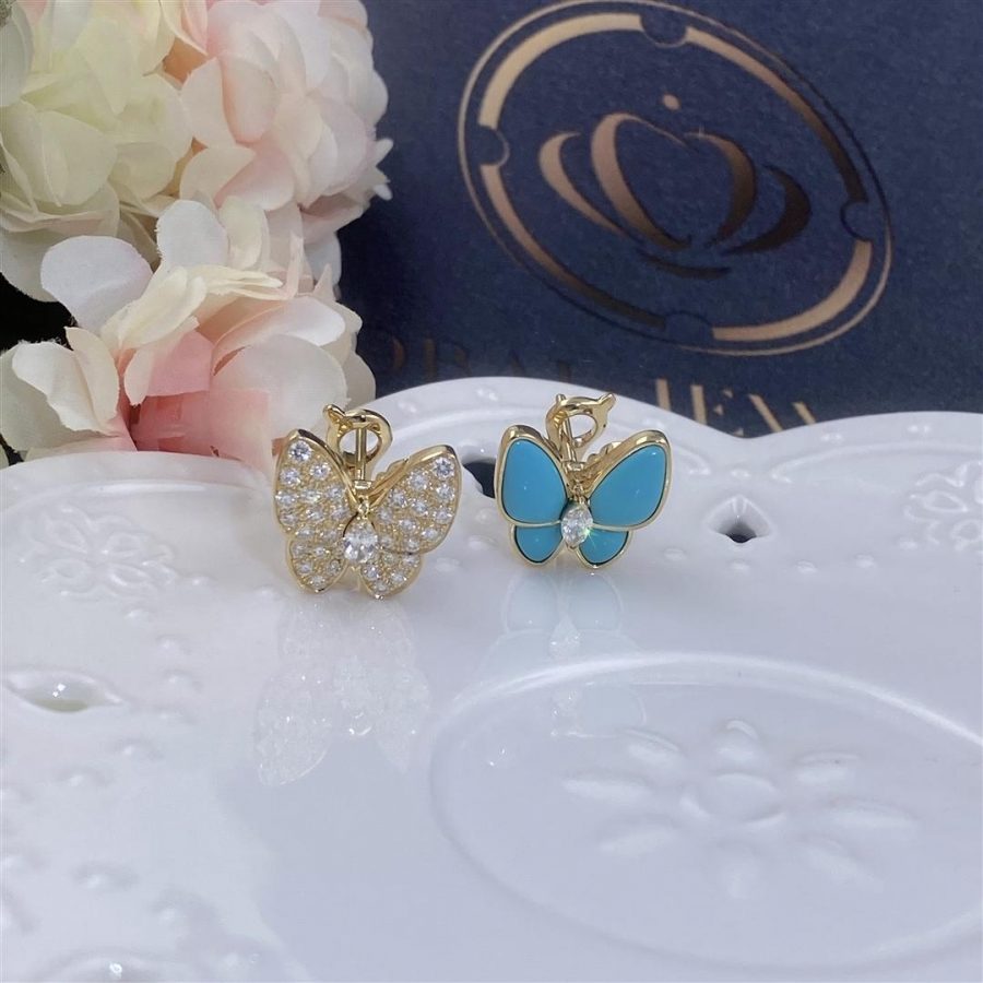 Van Cleef & Arpels Two Butterfly earrings Yellow gold, Diamond, Turquoise VCARP7US00