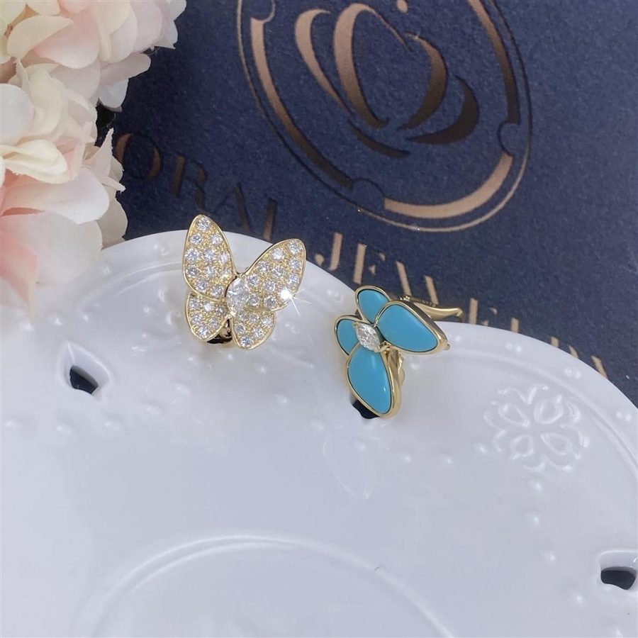 Van Cleef & Arpels Two Butterfly earrings Yellow gold, Diamond, Turquoise VCARP7US00