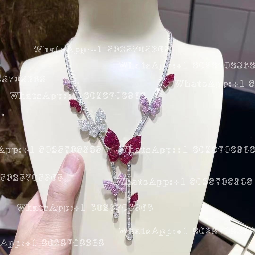 Van Cleef & Arpels White Gold Butterfly-Embellished Diamond, Ruby and Sapphire Necklace