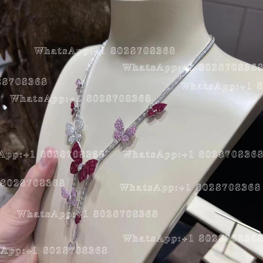 Van Cleef & Arpels White Gold Butterfly-Embellished Diamond, Ruby and Sapphire Necklace