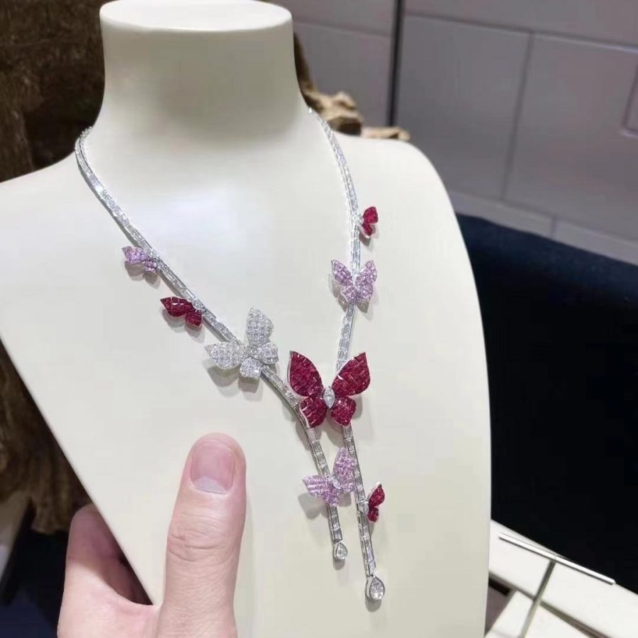 Van Cleef & Arpels White Gold Butterfly-Embellished Diamond, Ruby and Sapphire Necklace