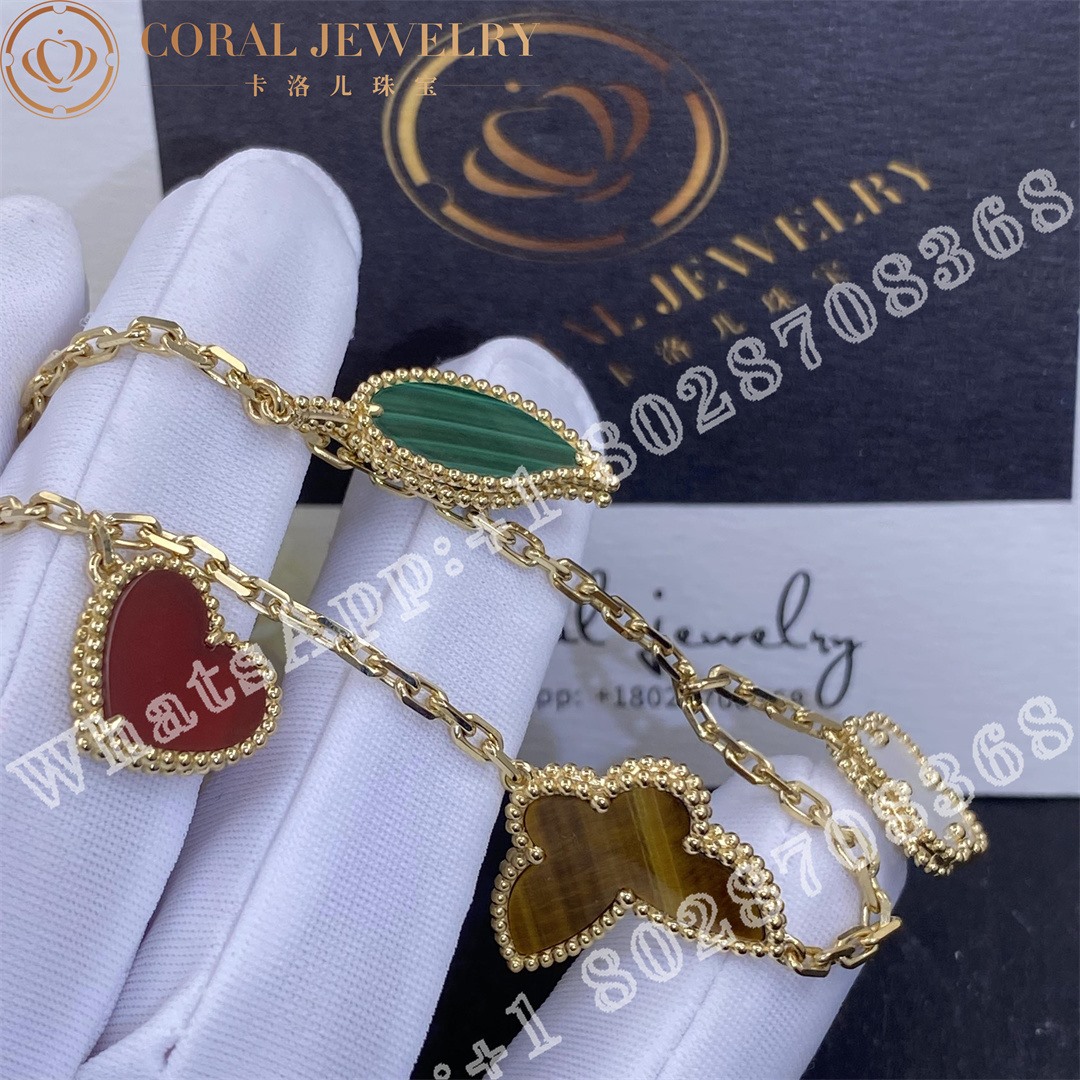 Van Cleef Arpels Lucky Alhambra Bracelet 4 Motifs Yellow Gold Carnelian Malachite Mother Of Pearl Tiger Eye Vcard79600 Coral (1)