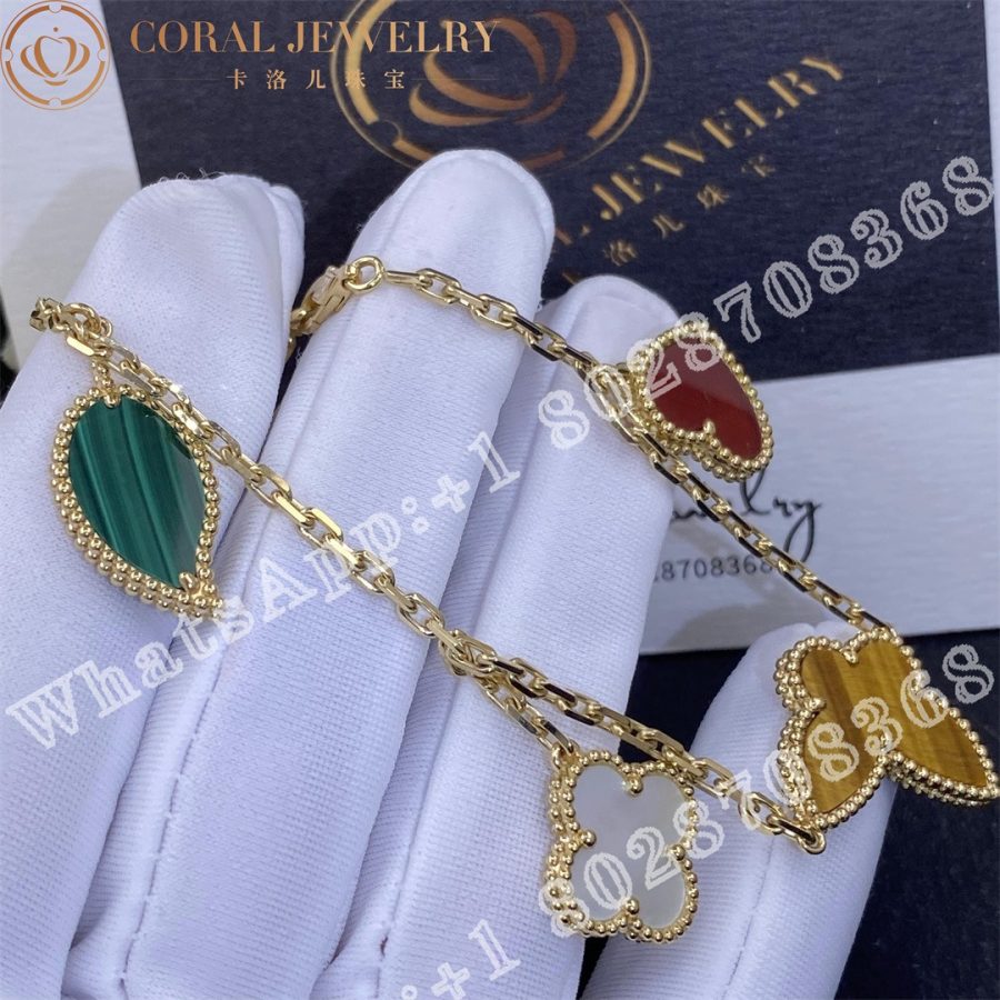 Van Cleef Arpels Lucky Alhambra Bracelet 4 Motifs Yellow Gold Carnelian Malachite Mother Of Pearl Tiger Eye Vcard79600 Coral (4)