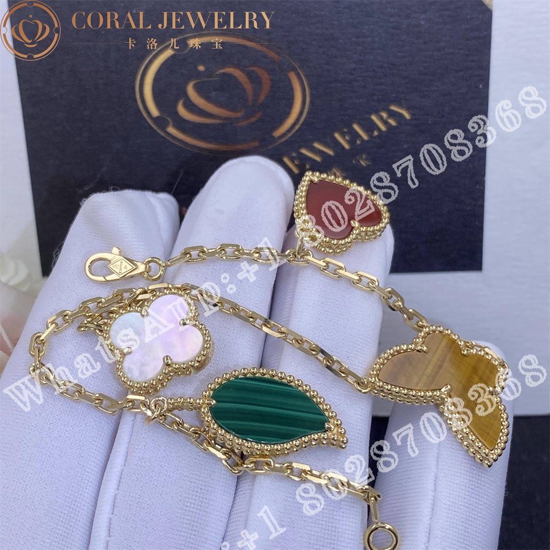 Van Cleef Arpels Lucky Alhambra Bracelet 4 Motifs Yellow Gold Carnelian Malachite Mother Of Pearl Tiger Eye Vcard79600 Coral (5)