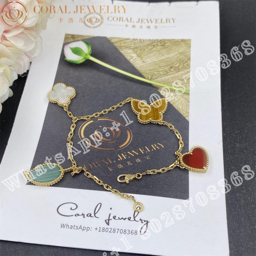 Van Cleef Arpels Lucky Alhambra Bracelet 4 Motifs Yellow Gold Carnelian Malachite Mother Of Pearl Tiger Eye Vcard79600 Coral (6)