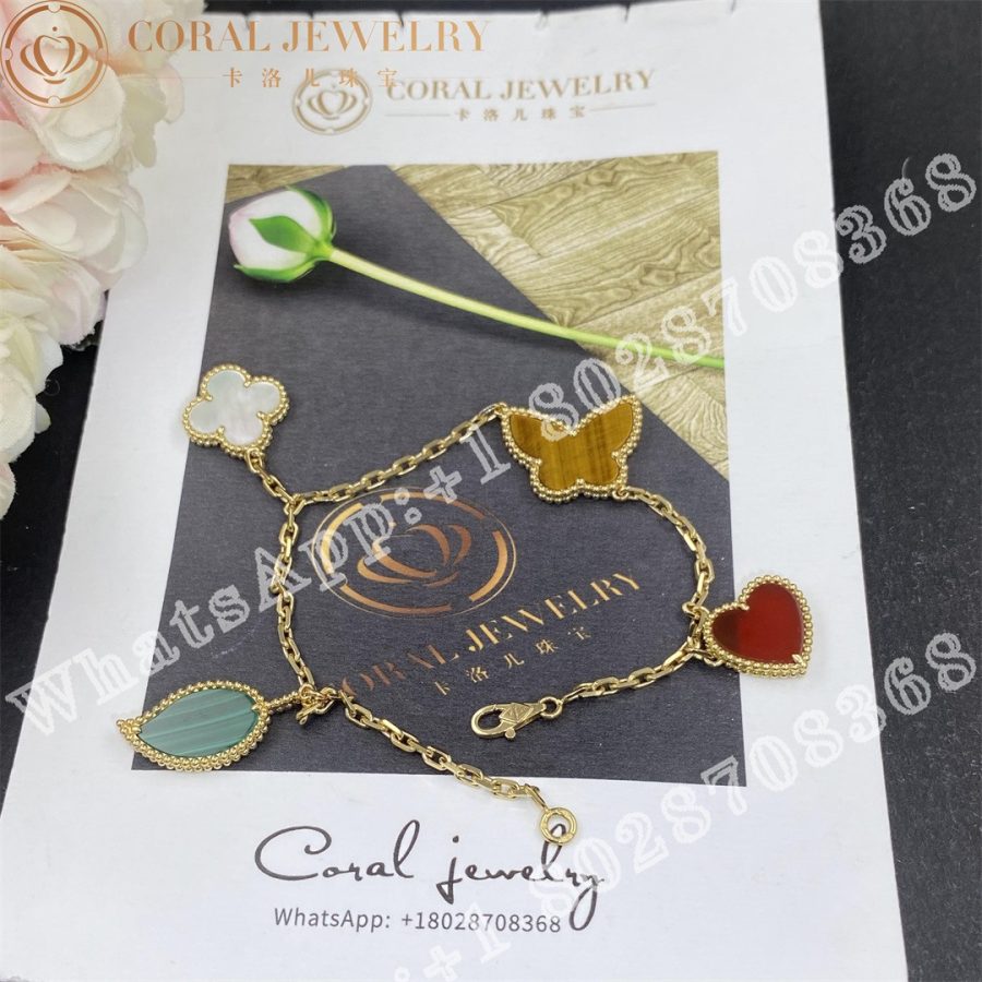 Van Cleef Arpels Lucky Alhambra Bracelet 4 Motifs Yellow Gold Carnelian Malachite Mother Of Pearl Tiger Eye Vcard79600 Coral (7)