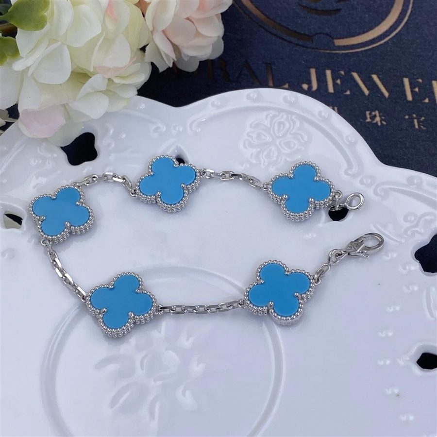 Van Cleef & Arpels Vintage Alhambra bracelet, 5 motifs White gold, Turquoise