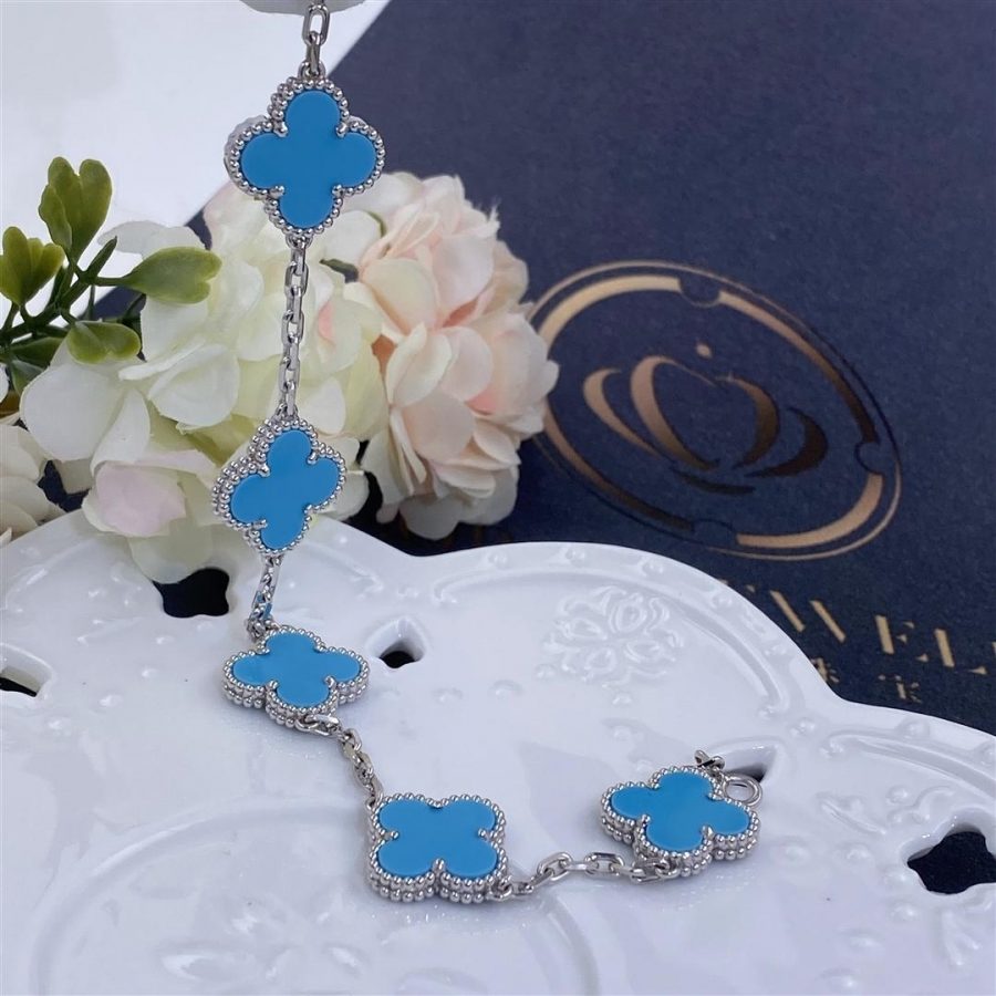 Van Cleef & Arpels Vintage Alhambra bracelet, 5 motifs White gold, Turquoise