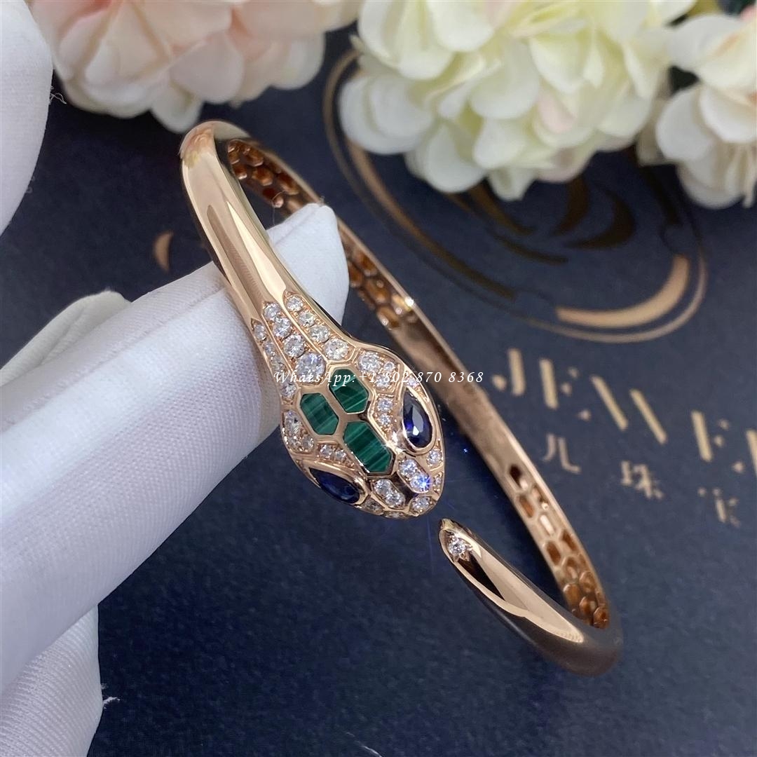 Bulgari Serpenti 18 kt rose gold bracelet set with blue sapphire eyes, malachite elements and pavé diamonds Ref.: 356204