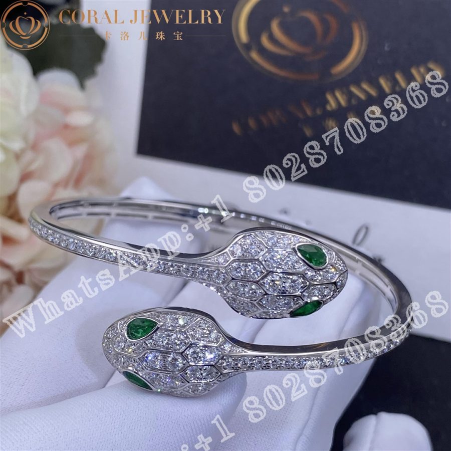 Bulgari Serpenti 18 Kt White Gold Bracelet Set With Emerald Eyes And Pave Diamonds Ref 356522 Coral (1)