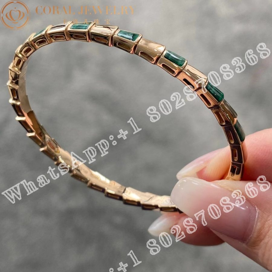 Bulgari Serpenti Viper 18 Kt Rose Gold Thin Bangle Bracelet Set With Malachite Elements Ref 356519 Coral (2)