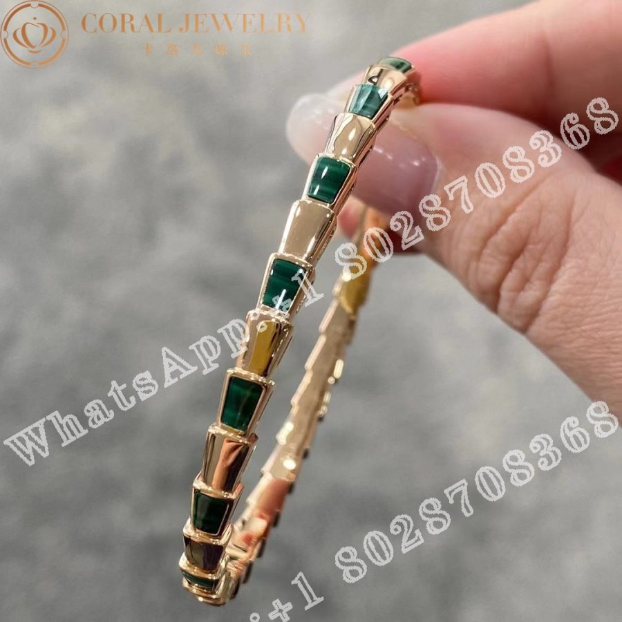 Bulgari Serpenti Viper 18 Kt Rose Gold Thin Bangle Bracelet Set With Malachite Elements Ref 356519 Coral (3)