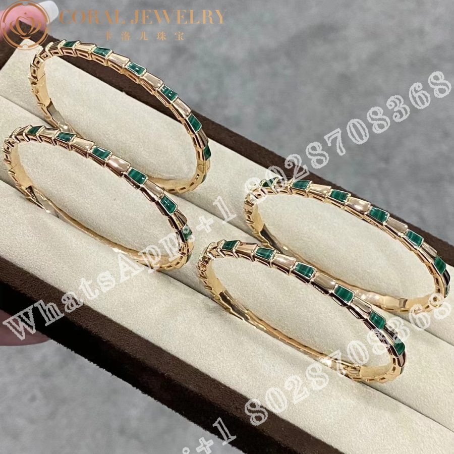 Bulgari Serpenti Viper 18 Kt Rose Gold Thin Bangle Bracelet Set With Malachite Elements Ref 356519 Coral (4)