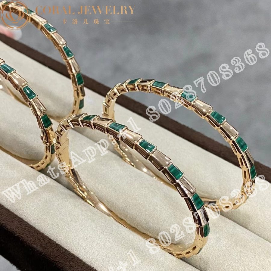 Bulgari Serpenti Viper 18 Kt Rose Gold Thin Bangle Bracelet Set With Malachite Elements Ref 356519 Coral (5)