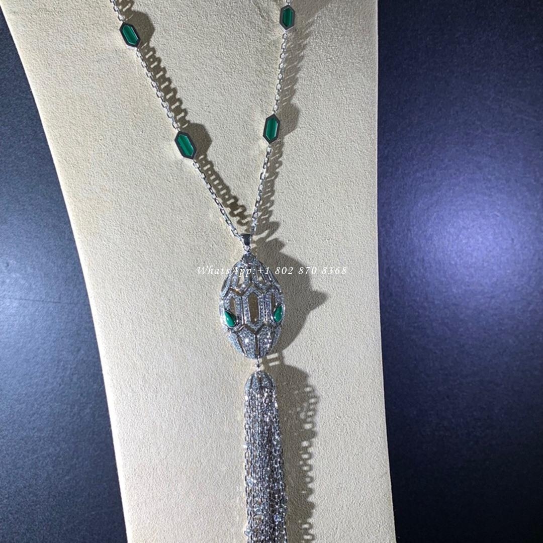 Bulgari Serpenti 18 kt white gold necklace with tassel set with a diamond, pavé diamonds and malachite eyes