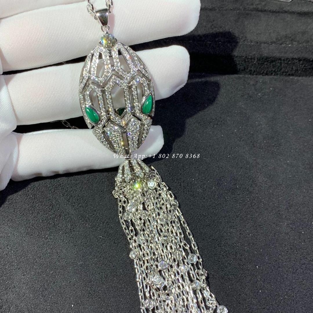 Bulgari Serpenti 18 kt white gold necklace with tassel set with a diamond, pavé diamonds and malachite eyes