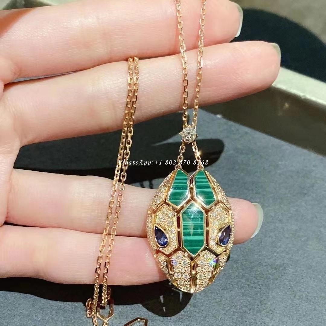 Bulgari Serpenti 18 kt rose gold necklace set with blue sapphire eyes, malachite elements and pavé diamonds on the pendant Ref.: 356782